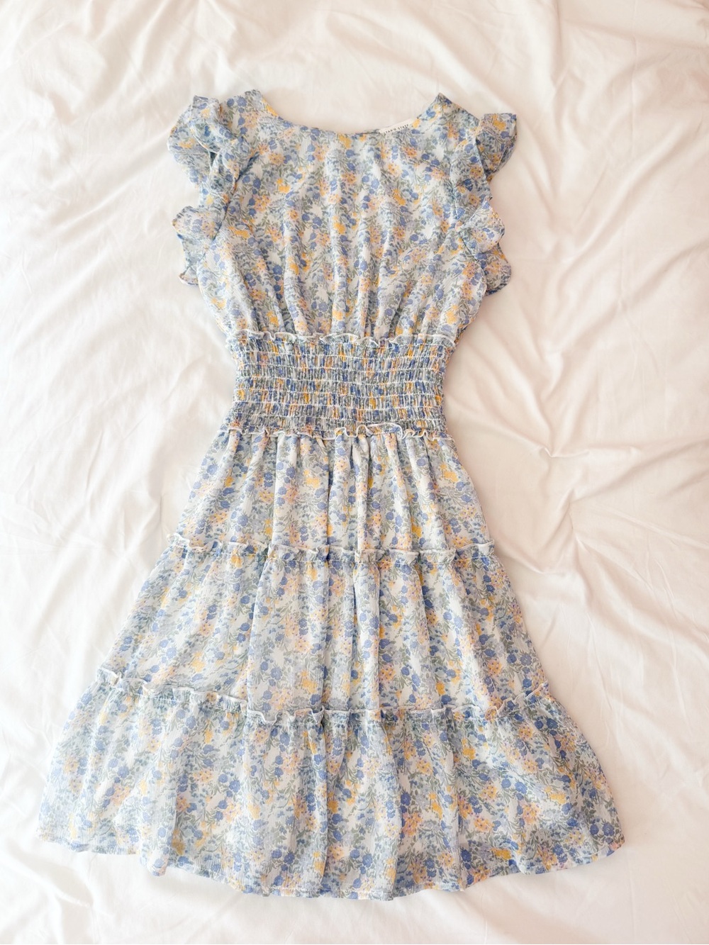 Altar’d State Blue And Yellow Floral High Neck Ruffle Dress Size XS